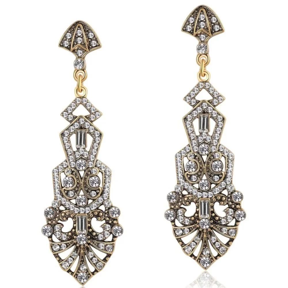 Yellow Gold with White Diamond Crystal 1920's Art Deco Chandelier Post Earrings